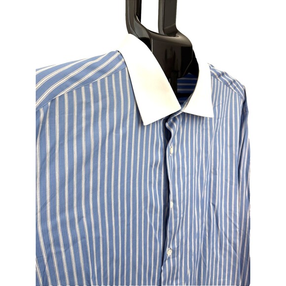 Brioni Men’s 18" Large Blue White Striped Long Sleeve French Cuff Shirt Italy - Picture 1 of 10